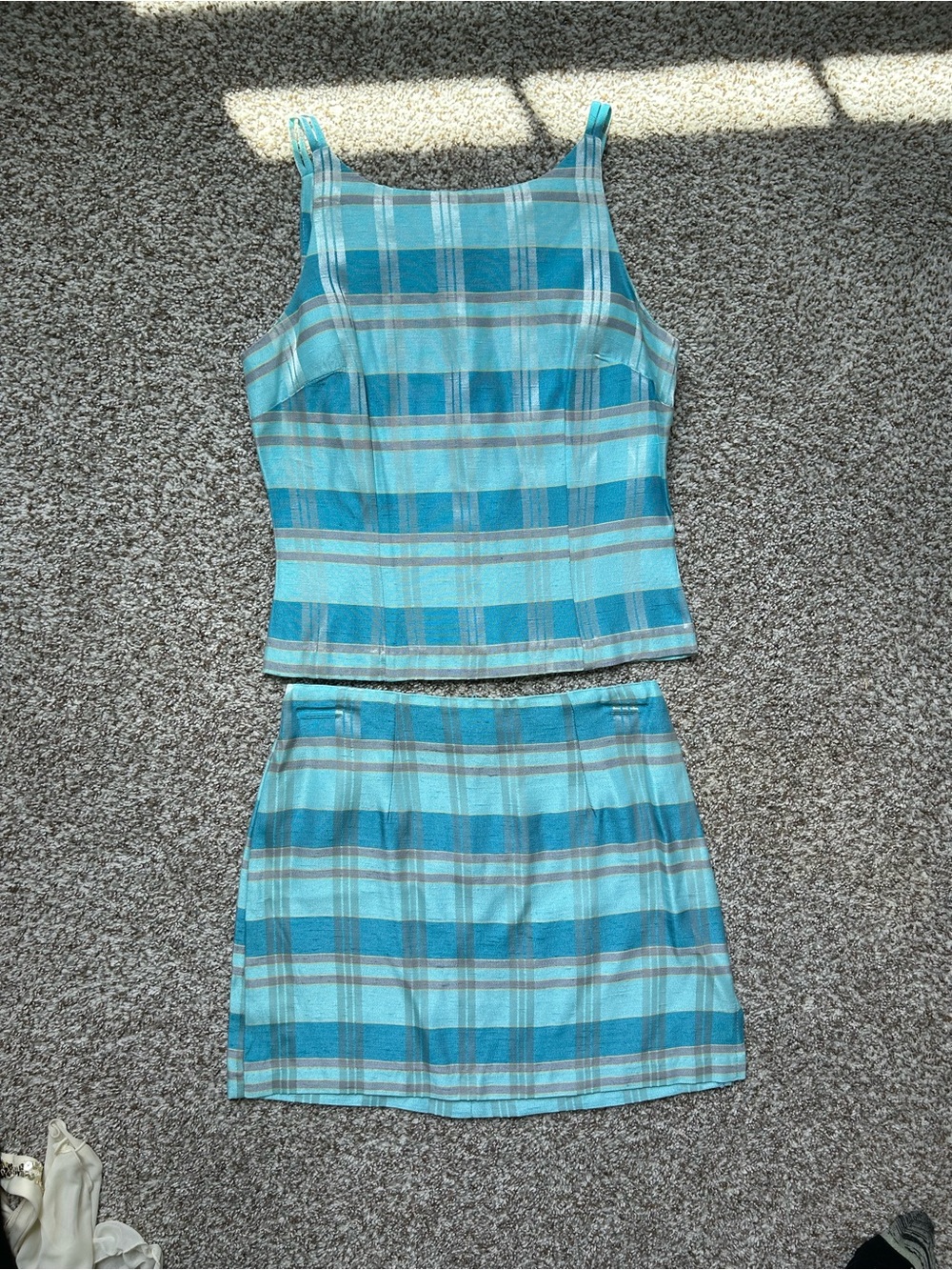 Vintage Plaid Two-Piece Tank & Skirt Set - Teal Blue